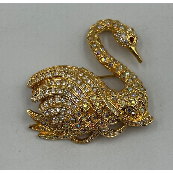Nolan Miller Swan Brooch Gold Tone Rhinestones Signature Beautiful Signed Vtg - Picture 1 of 7